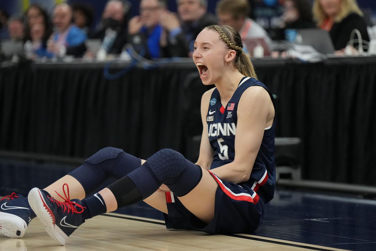 UConn Huskies guard Paige Bueckers reacts on the court against the Stanford Cardinal during the second half in the Final Four semifinals of the women’s college basketball NCAA Tournament at Target Center.&nbsp;