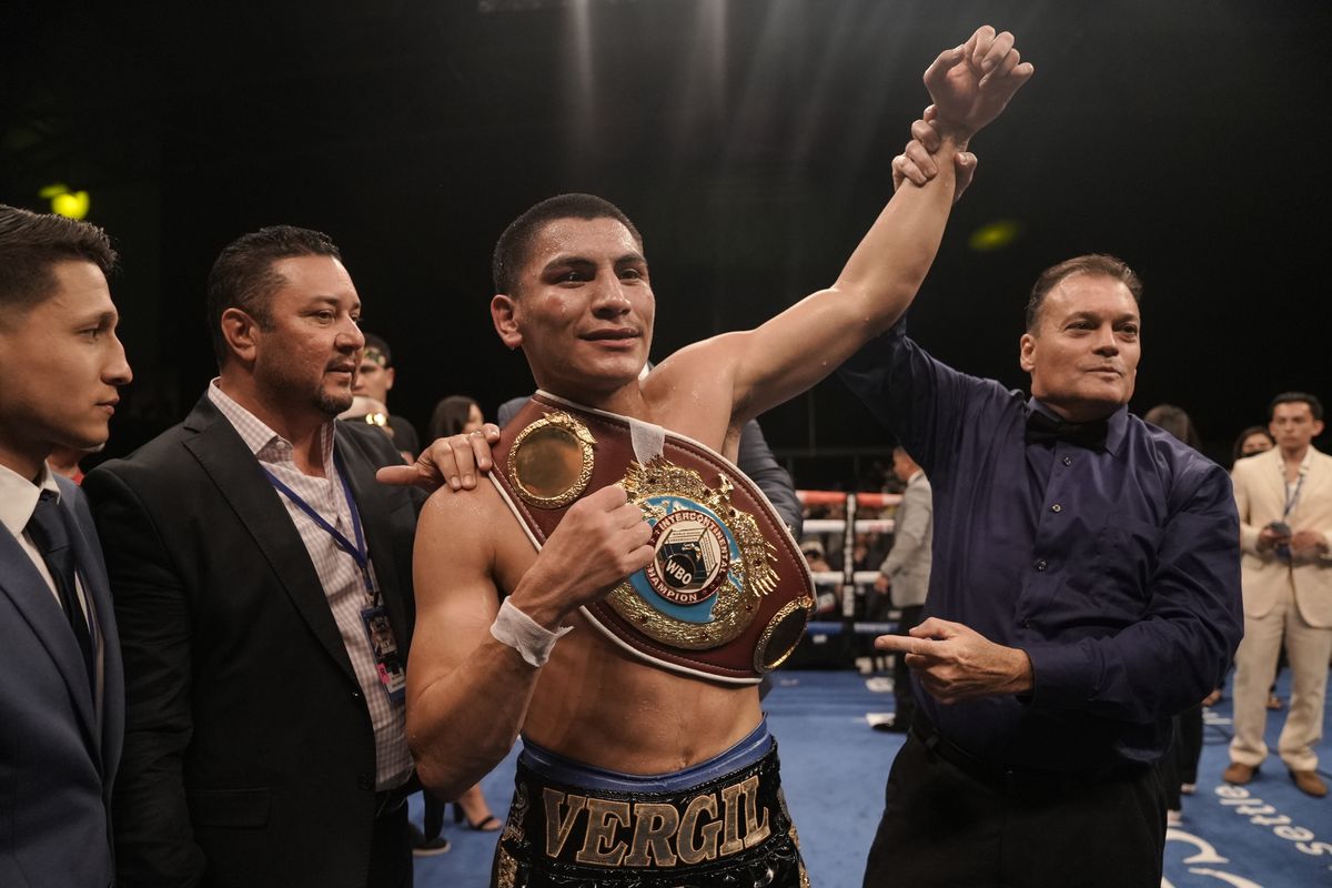 Vergil Ortiz Jr. celebrates after defeating Egidijus Kavaliauskas at The Ford Center at The Star on August 14, 2021 in Frisco, Texas.