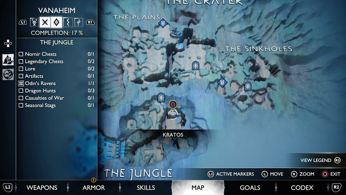 A map of The Jungle in The Crater in God of War Ragnarok