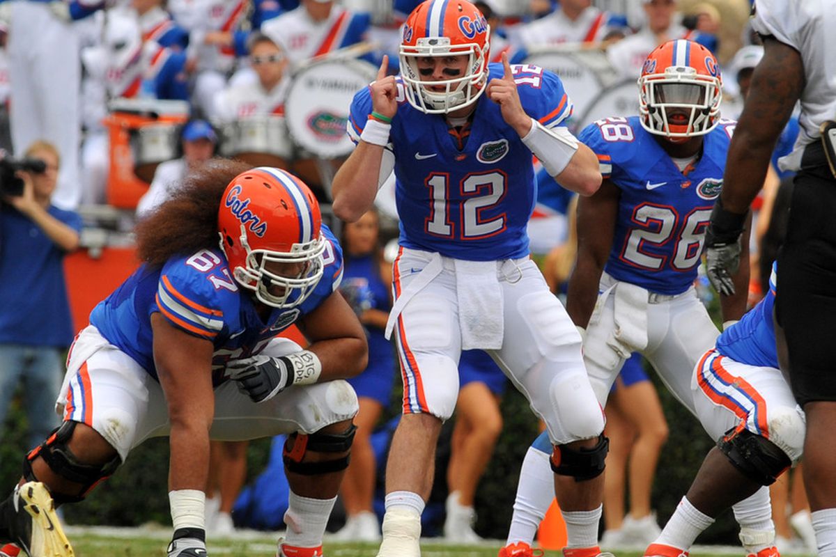 GAINESVILLE, FL -  NOVEMBER 5:  Quarterback John Brantley #12 of the Florida Gators sets for play against the Vanderbilt Commodores November 5, 2011 at Ben Hill Griffin Stadium in Gainesville, Florida.  (Photo by Al Messerschmidt/Getty Images)