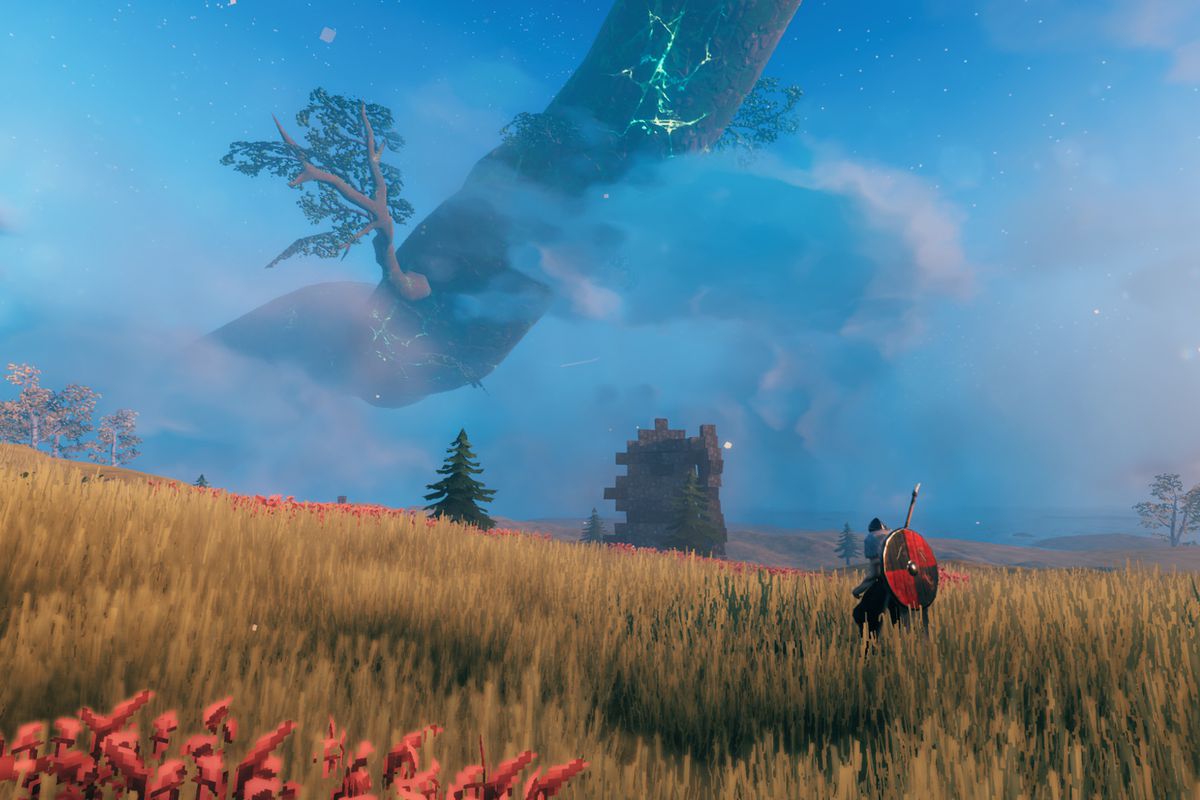 Valheim - a viking stands in a long stetch of plains, under a branch of Yggdrasil. 