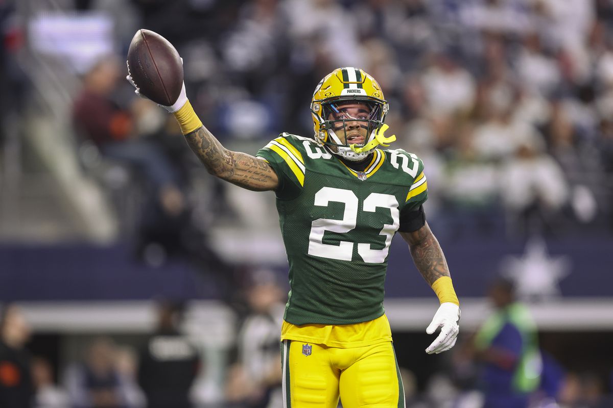 Jaire Alexander of the Green Bay Packers celebrates during an NFL wild-card playoff football game against the Dallas Cowboys at AT&amp;T Stadium on January 14, 2024 in Arlington, Texas.