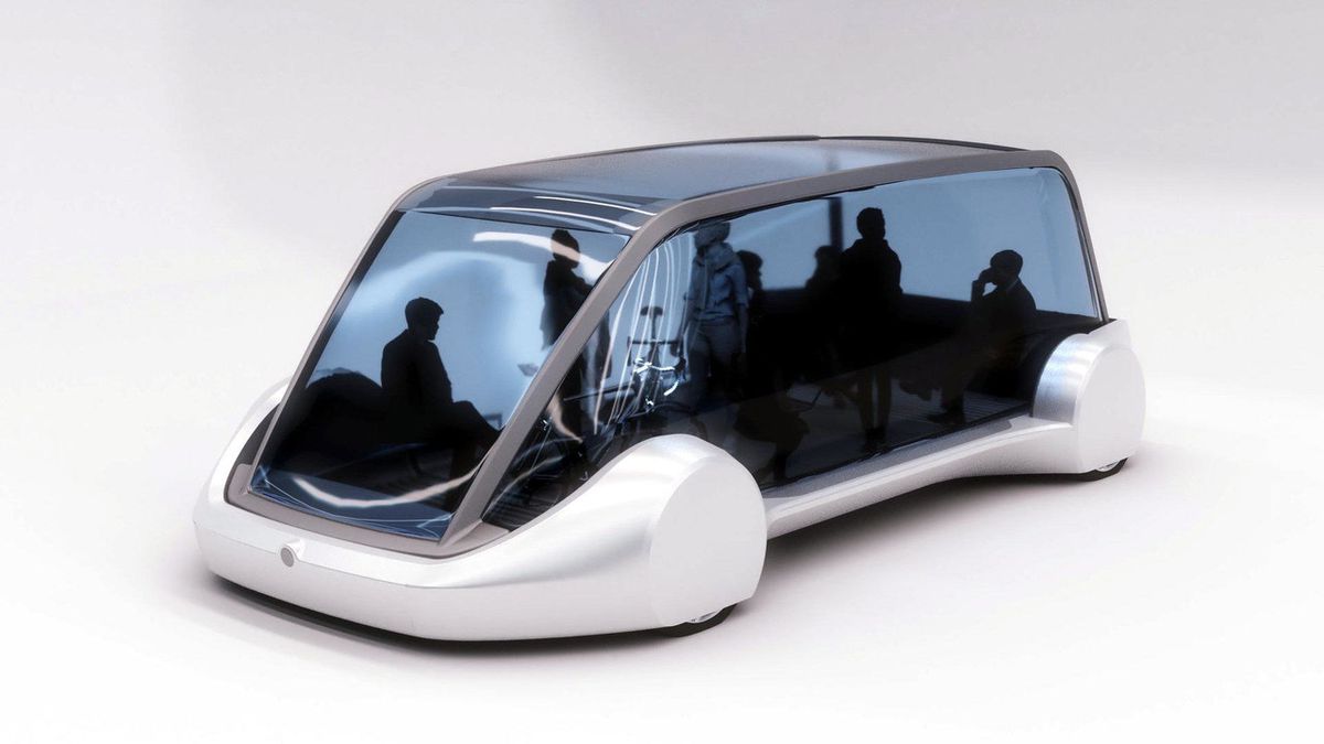 A rendering of a futuristic-looking glass-walled van-like vehicle with a dozen figures shown seated or standing inside.