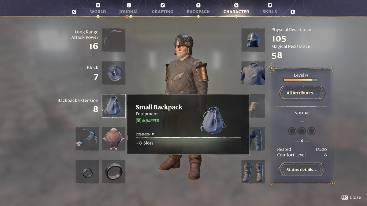 Enshrouded Character menu with the small backpack selected