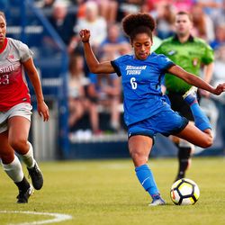 BYU Forward Nadia Gomes takes a shot on goal early in the second half. The game between BYU and Ohio State ended in a scoreless draw at South Field on August 21, 2017.