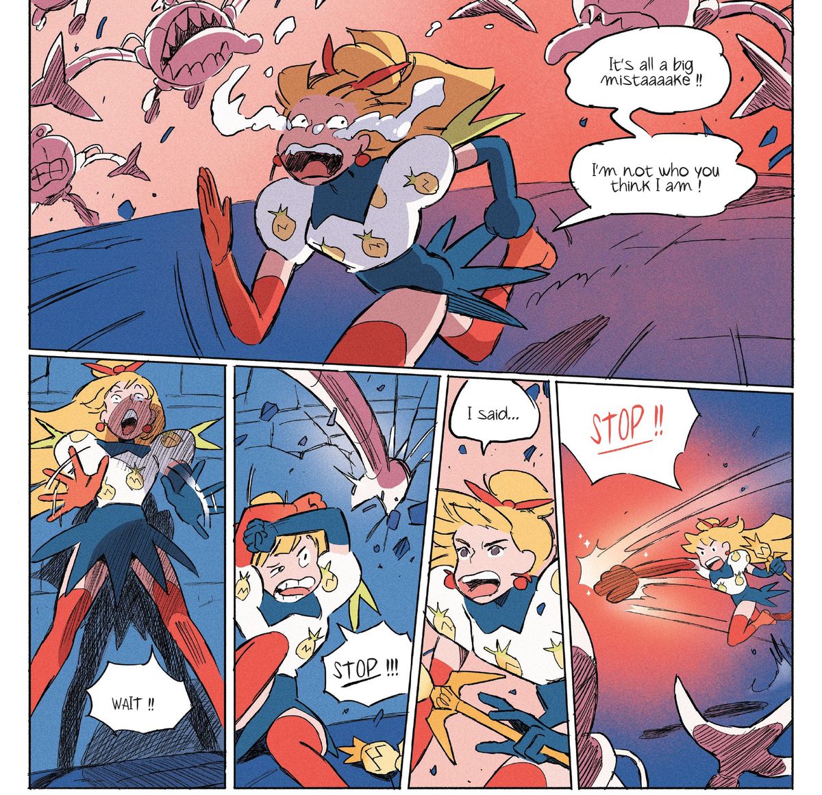 “It’s all a big mistaaaake!! I’m not who you think I am!” wails a blonde magical girl in a pineapple themed outfit, as she is pursued by monsters. Cornered, she finally lashes out with a punch in Flavor Girls #1 (2022). 