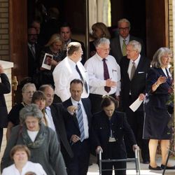 Family and friends of Robert Earl Holding leave the church after his funeral in Salt Lake City Saturday, April 27, 2013. Holding, an entrepreneur who made his first fortune in the 1950s running a 24-hour service station in an otherwise desolate stretch of Wyoming and became a billionaire whose assets included oil refineries and ski resorts, among them Sun Valley Resort in Idaho, died on April 19th.