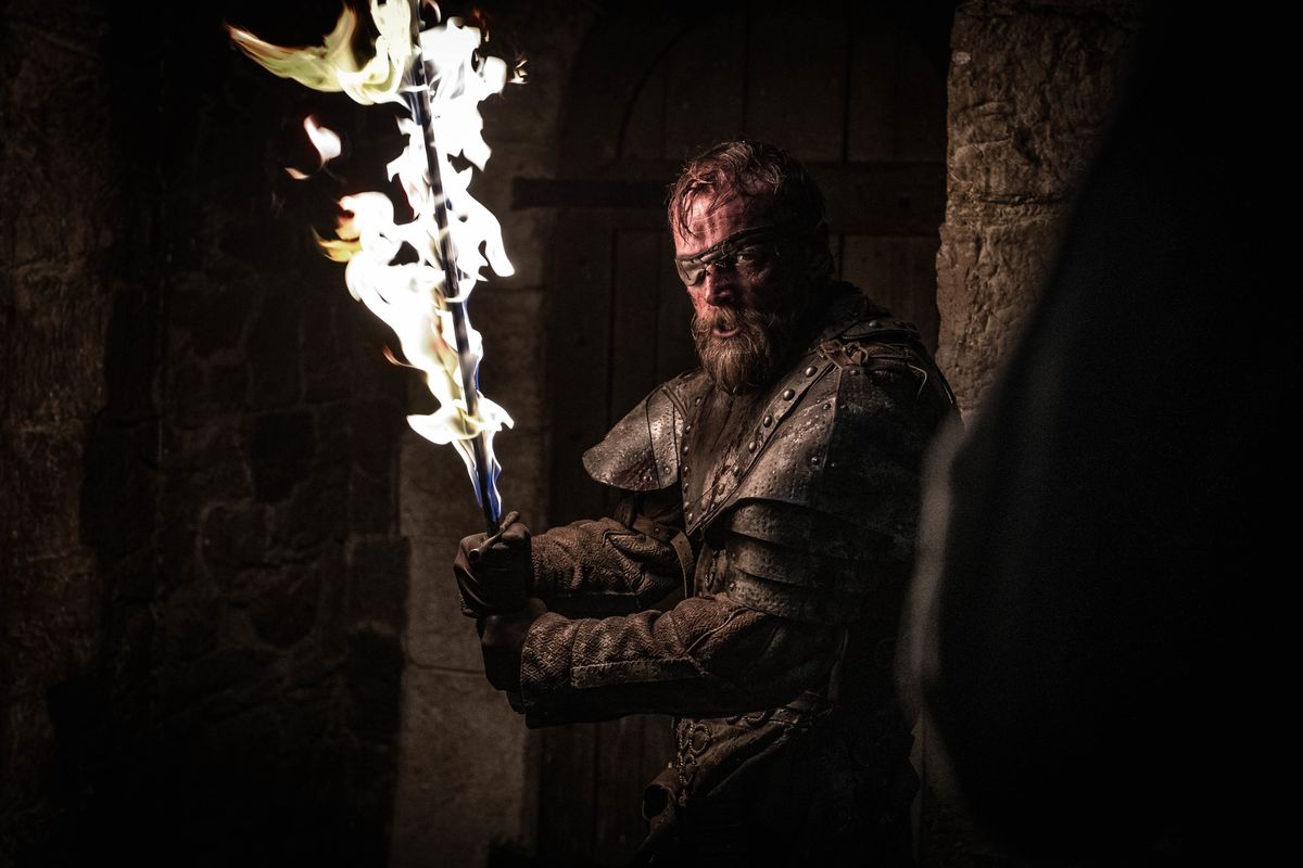 Beric Dondarrion holding a flaming sword during the Battle of Winterfell on Game of Thrones