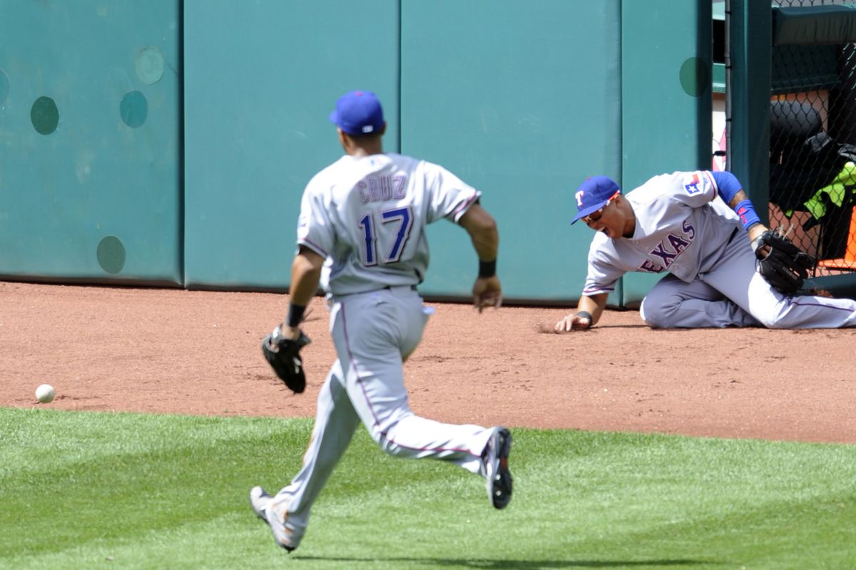 Nelson Cruz chases down a Yan Gomes fly ball that was misplayed by his teammate. Imagine this in Safeco.