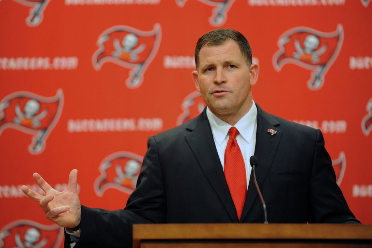 TAMPA, FL - JANUARY 27:  Coach Greg Schiano of the Tampa Bay Buccaneers speaks to the media at an introduction press conference at the team training facility January 27, 2012 in Tampa, Florida. (Photo by Al Messerschmidt/Getty Images)