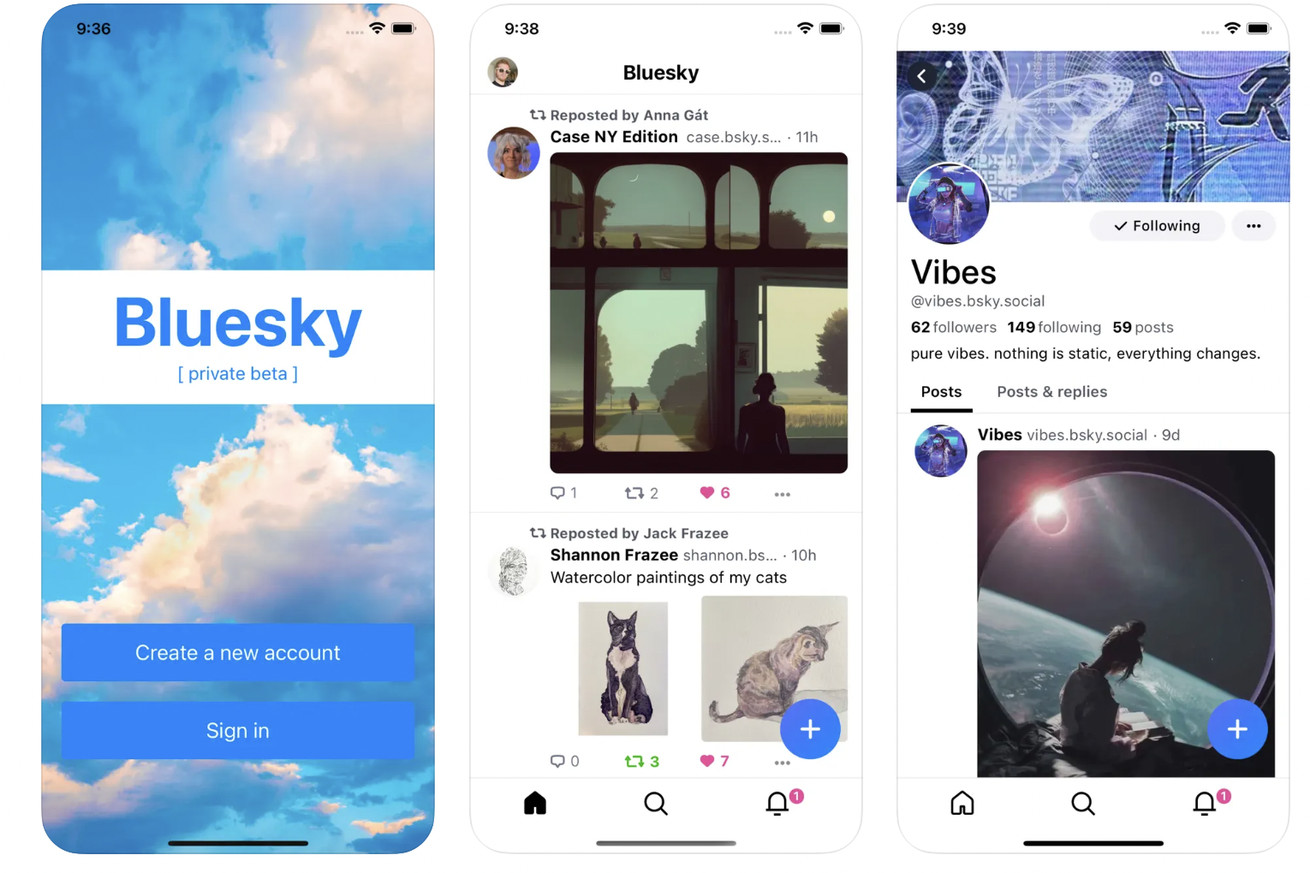 An image showing three side-by-side screengrabs of Bluesky on mobile