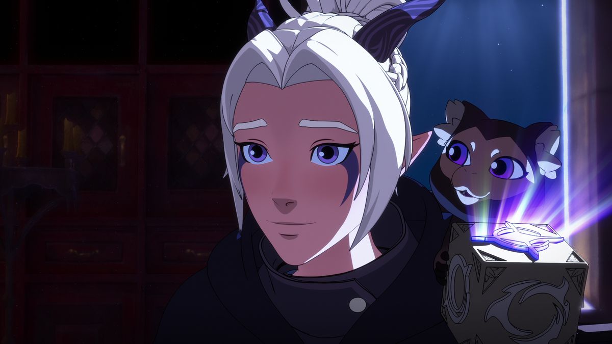 The Dragon Prince’s Rayla looks forward. She looks hesitant, but is smiling. A small monkey creature crouches on her back.