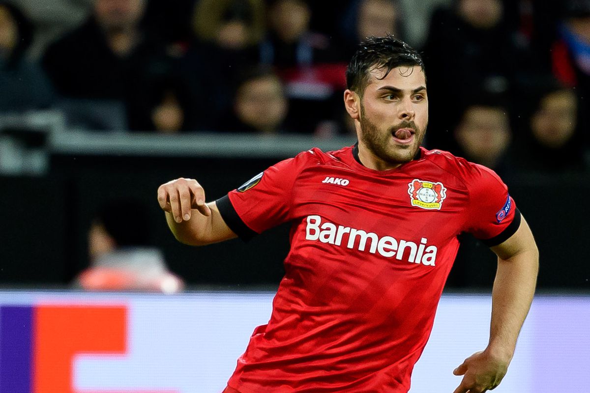 Kevin Volland of Bayer 04 Leverkusen controls the ball during the UEFA Europa League round of 32 first leg match between Bayer 04 Leverkusen and FC Porto at BayArena on February 20, 2020 in Leverkusen, Germany.