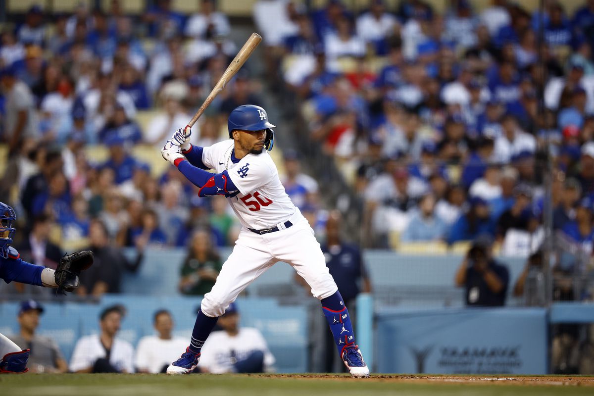 Mookie Betts in the second inning at Dodger Stadium on July 07, 2022 in Los Angeles, California.