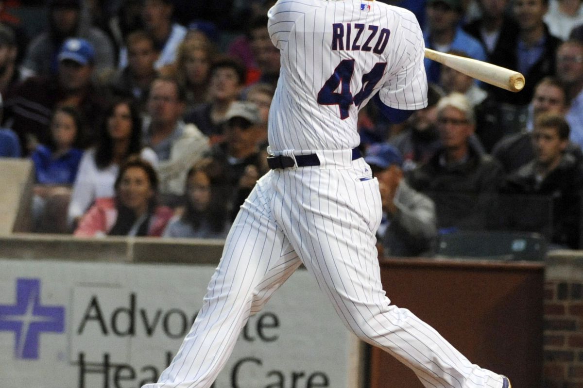 Anthony Rizzo of the Chicago Cubs hits a single against the Houston Astros at Wrigley Field in Chicago, Illinois. (Photo by David Banks/Getty Images)