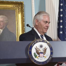 Secretary of State Rex Tillerson leaves after speaking on the release of the 2016 annual report on International Religious Freedom, Tuesday, Aug. 15, 2017, at the State Department in Washington. (AP Photo/Susan Walsh)