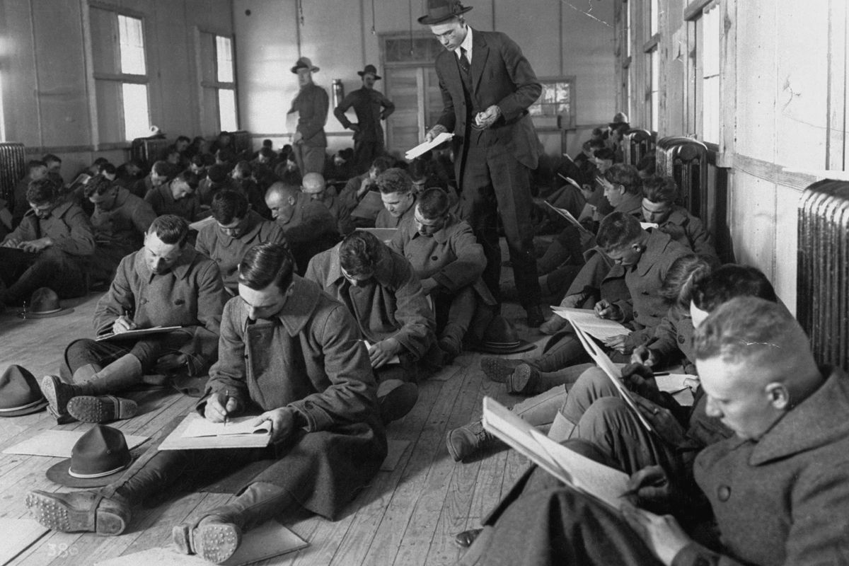 US Army recruits taking an intelligence test at Fort Lee, in Virginia, 1917.