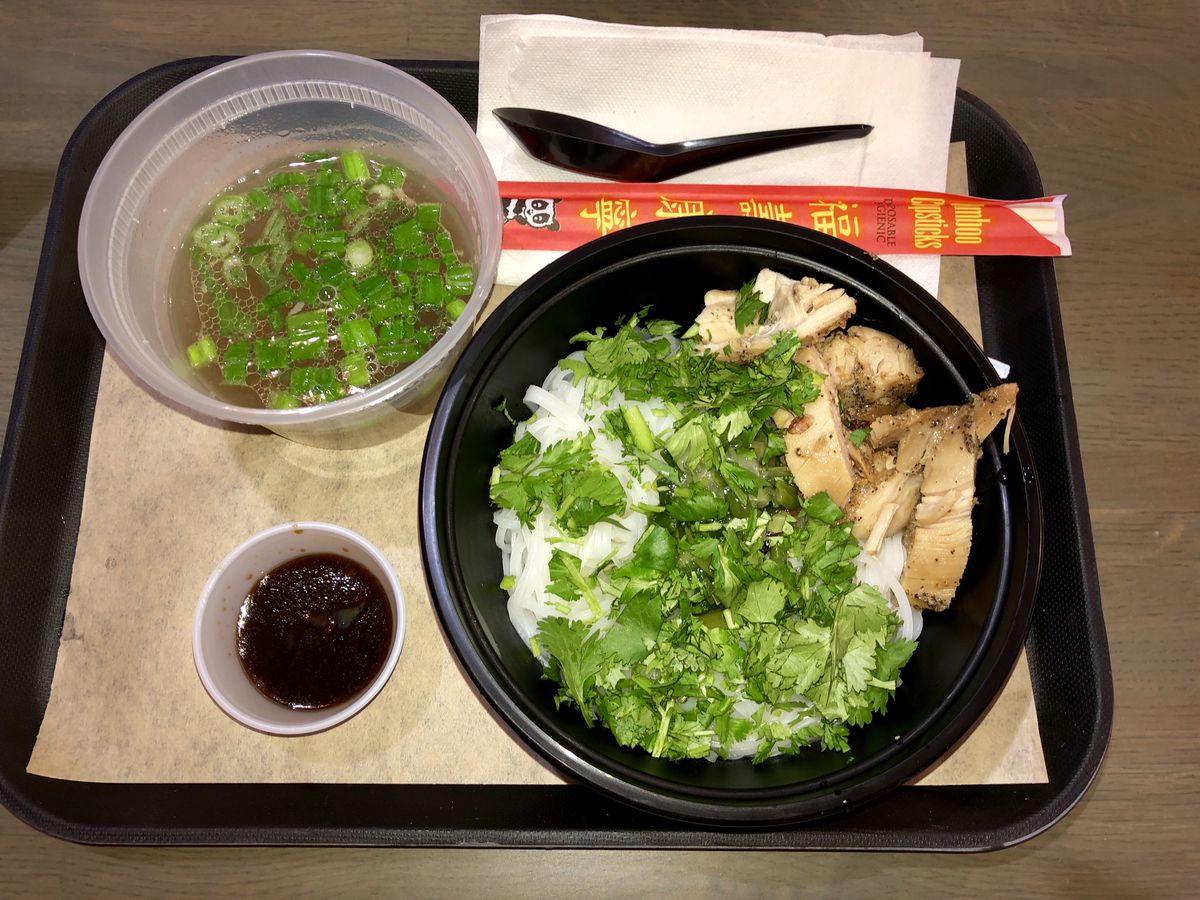 Dry-mix pho with chicken and a side of broth at Hot Pho You