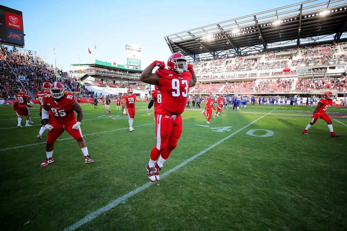 Tracy Sprinkle of the DC Defenders celebrates during the XFL game against the St. Louis BattleHawks at Audi Field on March 8, 2020 in Washington, DC.
