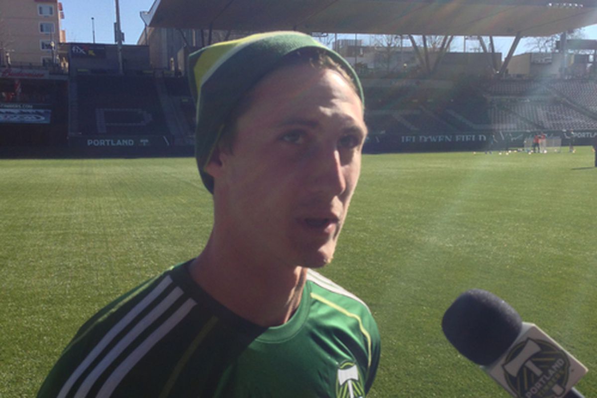 Ben Zemanski talks to the press after his first practice with the Timbers.
