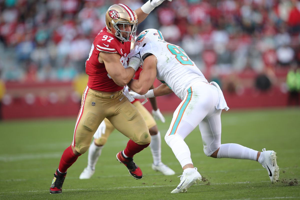 Nick Bosa #97 of the San Francisco 49ers rushes the quarterback during the game against the Miami Dolphins at Levi’s Stadium on December 4, 2022 in Santa Clara, California. The 49ers defeated the Dolphins 33-17.