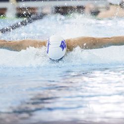 Pleasant Grove’s swimmer swims in men’s 200-yard medley relay at the 6A Swimming State Championships at Brigham Young University in Provo on Saturday, Feb. 19, 2022.