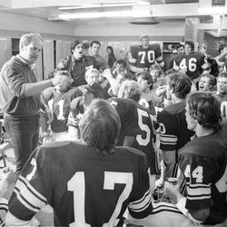 FTB 79 F 8 Arizona State

Football BYU vs Arizona State, First win over ASU in history of school. Coach LaVell Edwards with team in locker room. Identifiable numbers 17 Gary Hahn or Rob Wilson, 44 Dave Lowry, 11 Mark Giles, 70 Dave Hubbard, 46 Mark McCluskey, 28 Terry Baker or Mike Russell, 55 Orrin Olsen.

November 9, 1974

Box Number: In office

Photo by: Mark Philbrick/BYU

Copyright BYU PHOTO 2008
All Rights Reserved
801-422-7322
photo@byu.edu