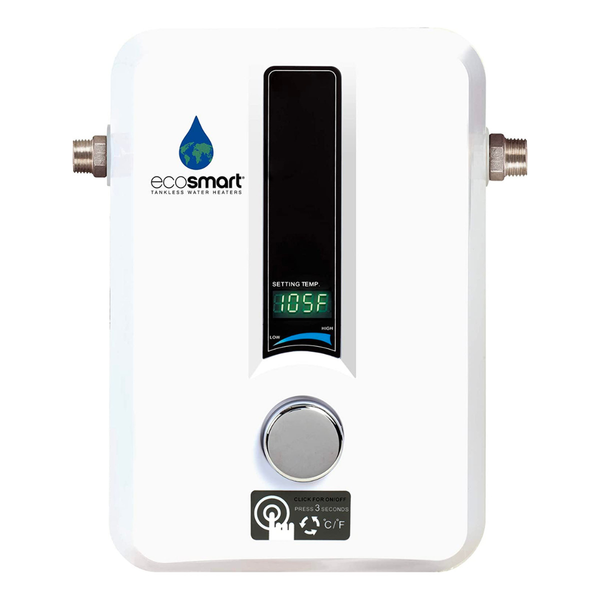 White EcoSmart electric tankless water heater with digital temperature screen