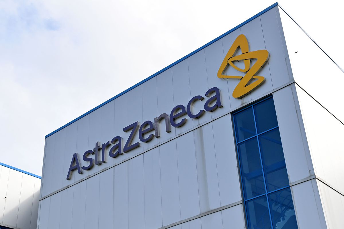 An AstraZeneca logo on a building