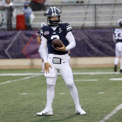 Brigham Young Cougars quarterback Jaren Hall (3) walks around the field as BYU and UAB prepare play in the Radiance Technologies Independence Bowl in Shreveport, Louisiana, on Saturday, Dec. 18, 2021.