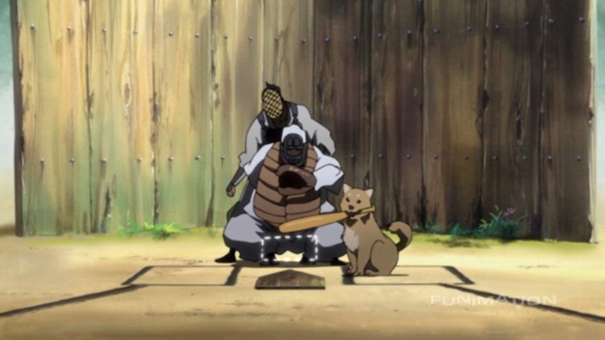 A small dog holds a bat in the “Baseball Blues” episode of Samurai Champloo.