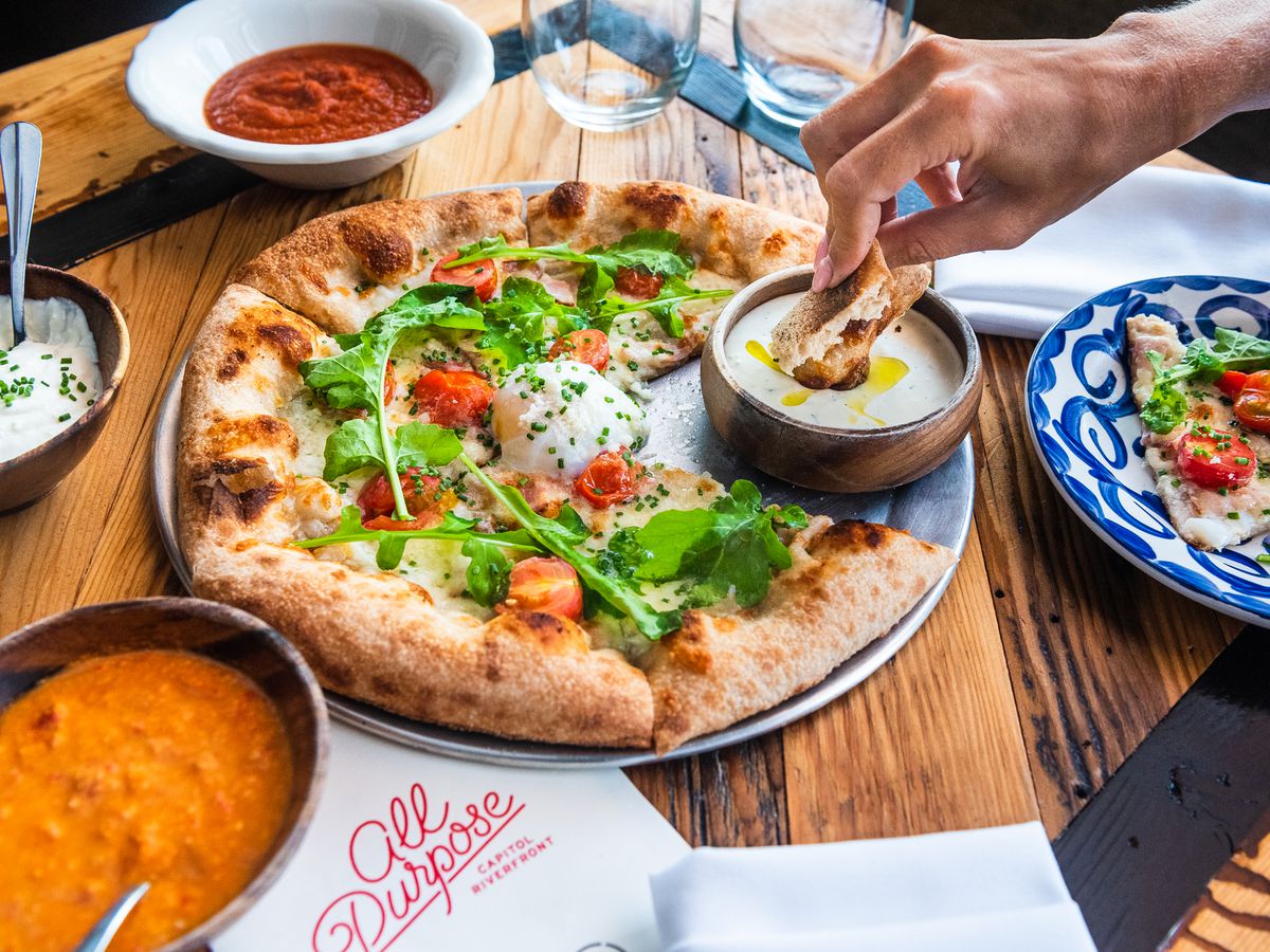 Pizzas at All-Purpose Capitol Riverfront are complemented by six different dipping sauces.