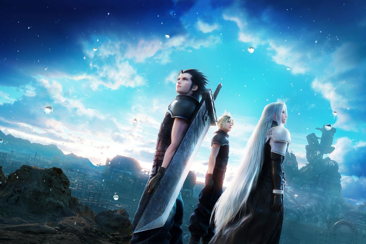 Zack, Cloud and Sephiroth look to the skies against a sweeping view in Crisis Core