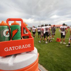 Gatorade is on the sideline during the Alta and East prep football game in Salt Lake City, Friday, Aug. 23, 2013.