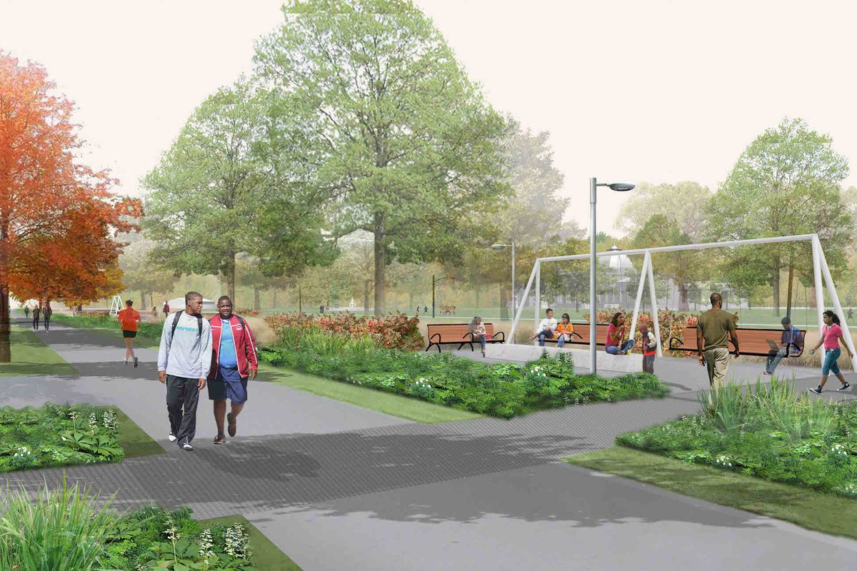 A rendering of Parkside Neighborhood Edge with swings, benches, and native plants.
