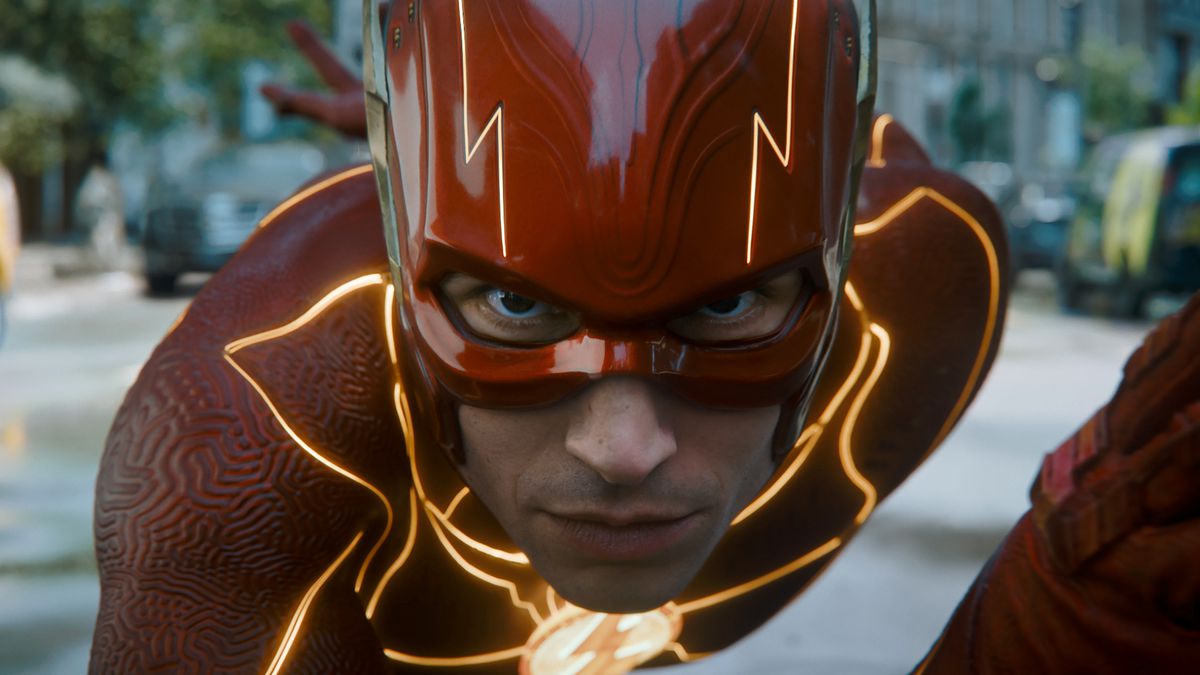 The Flash strikes a running pose in a still from the film The Flash