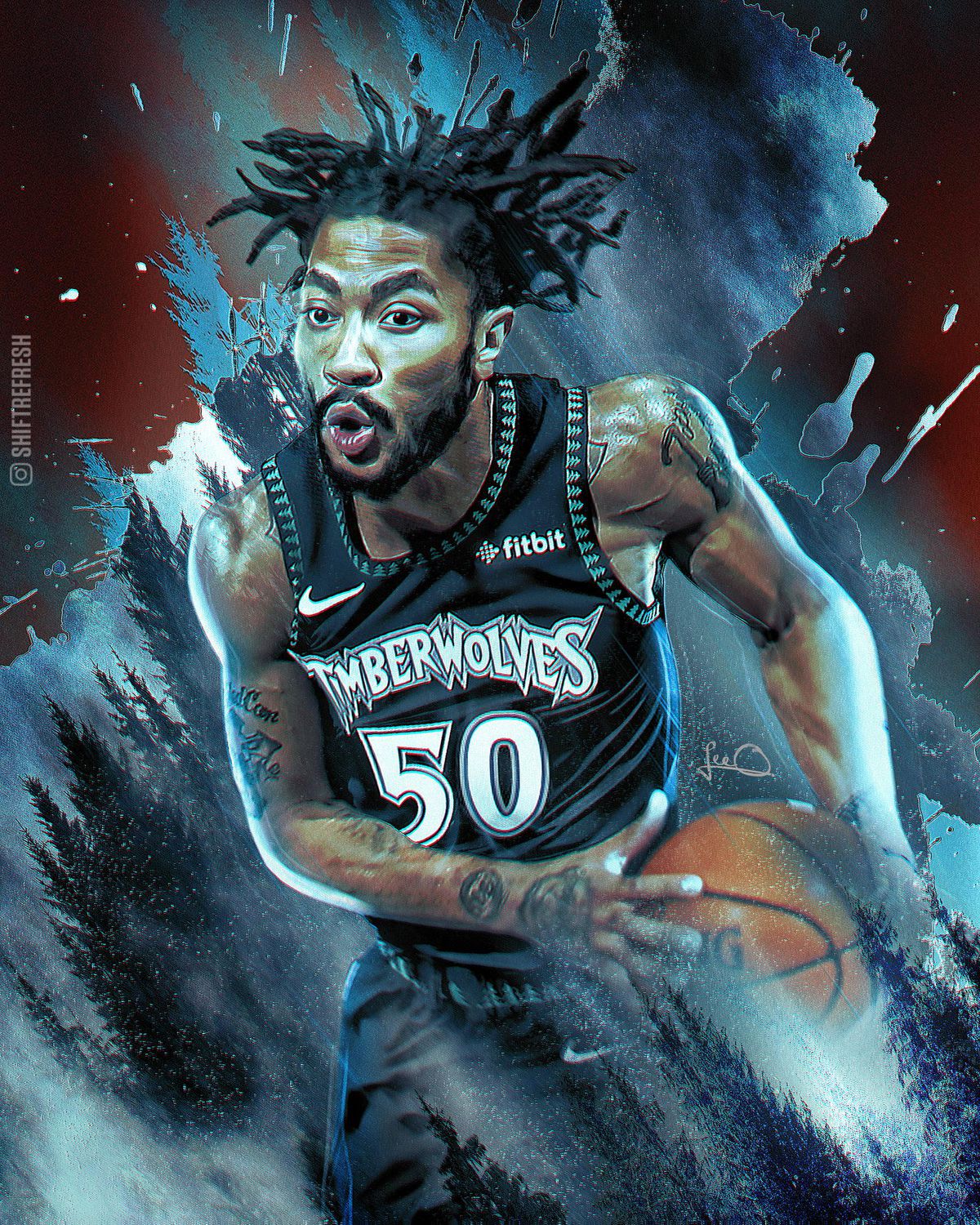 A stylized illustration of Derrick Rose with the number 50 on his jersey