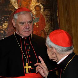 Cardinals Gerhard Mueller, left, and Jean-Louis Tauran at the Colloquium on the Complementarity of Man and Woman, Tuesday, Nov. 18, 2014, in Vatican City.