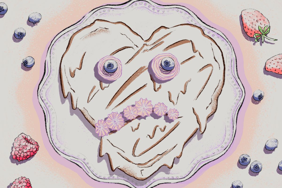 Illustration of heart-shaped chocolate cake with distressed face