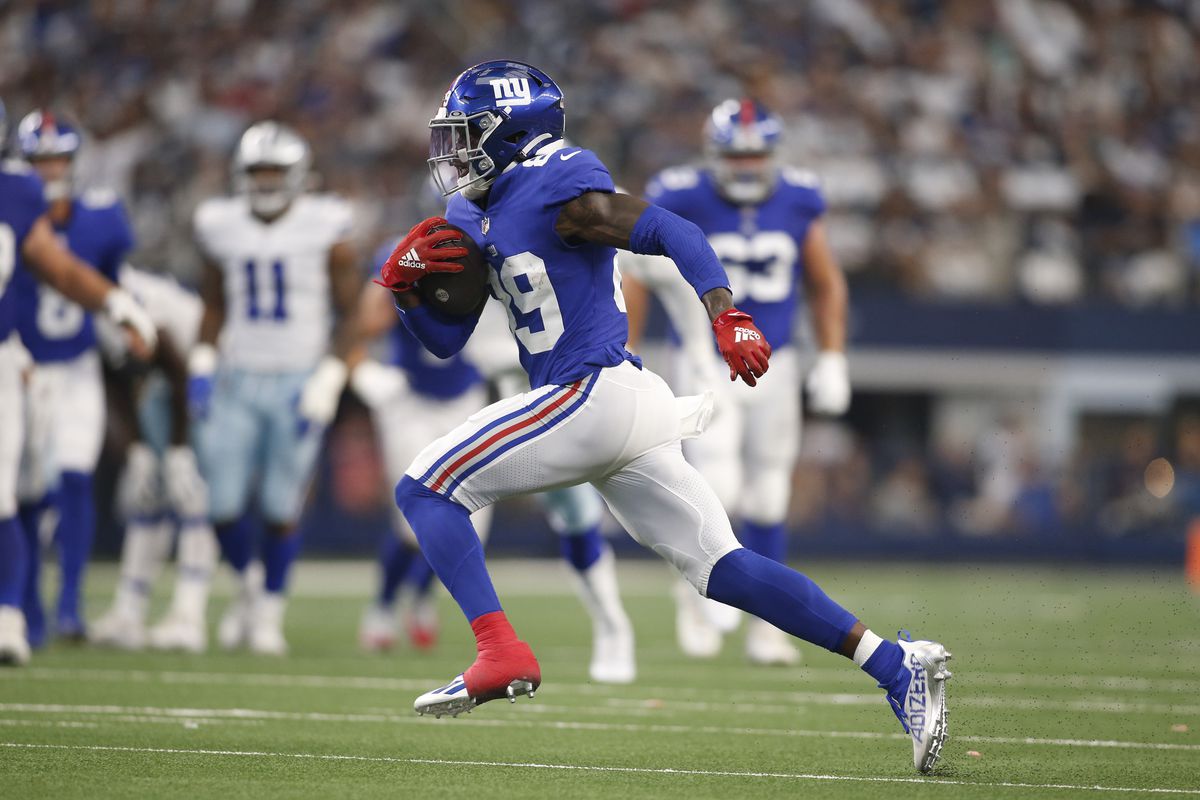 New York Giants wide receiver Kadarius Toney (89) runs after making a catch in the second quarter against the Dallas Cowboys at AT&amp;amp;T Stadium.&nbsp;