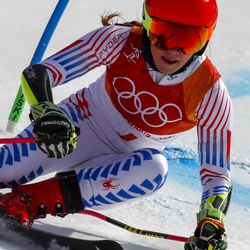 Mikaela Shiffrin, of the United States, skies to a gold medal during the second run of the Women's Giant Slalom at the 2018 Winter Olympics in Pyeongchang, South Korea, Thursday, Feb. 15, 2018., Thursday, Feb. 15, 2018. (AP Photo/Jae C. Hong)