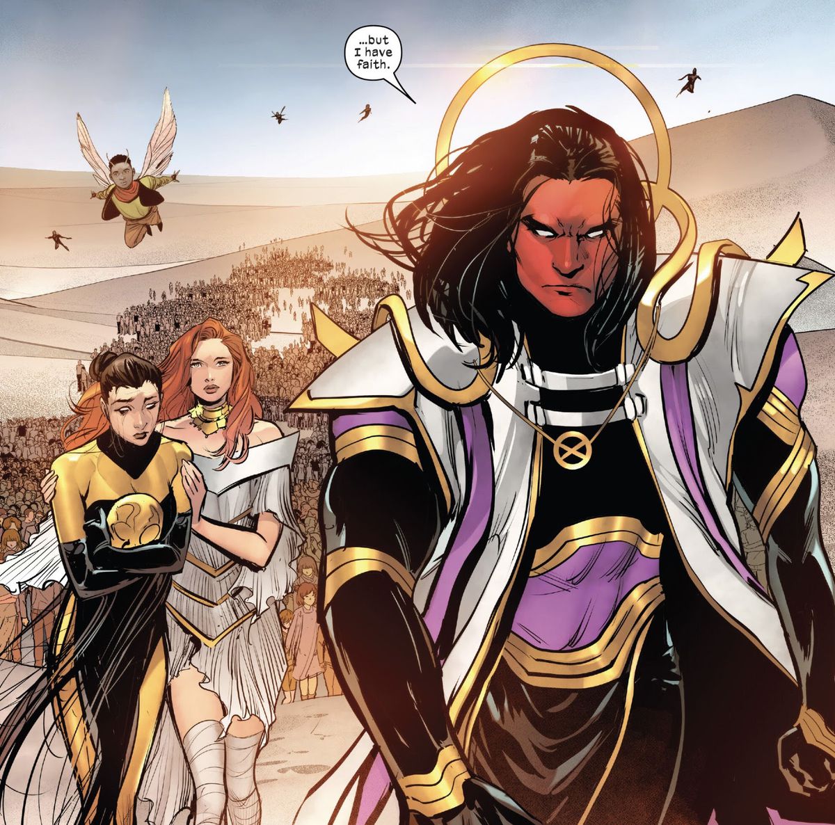 “I have faith,” Exodus says to Hope and Destiny, as they lead thousands of mutants across a vast desert in Immortal X-Men #14 (2023).