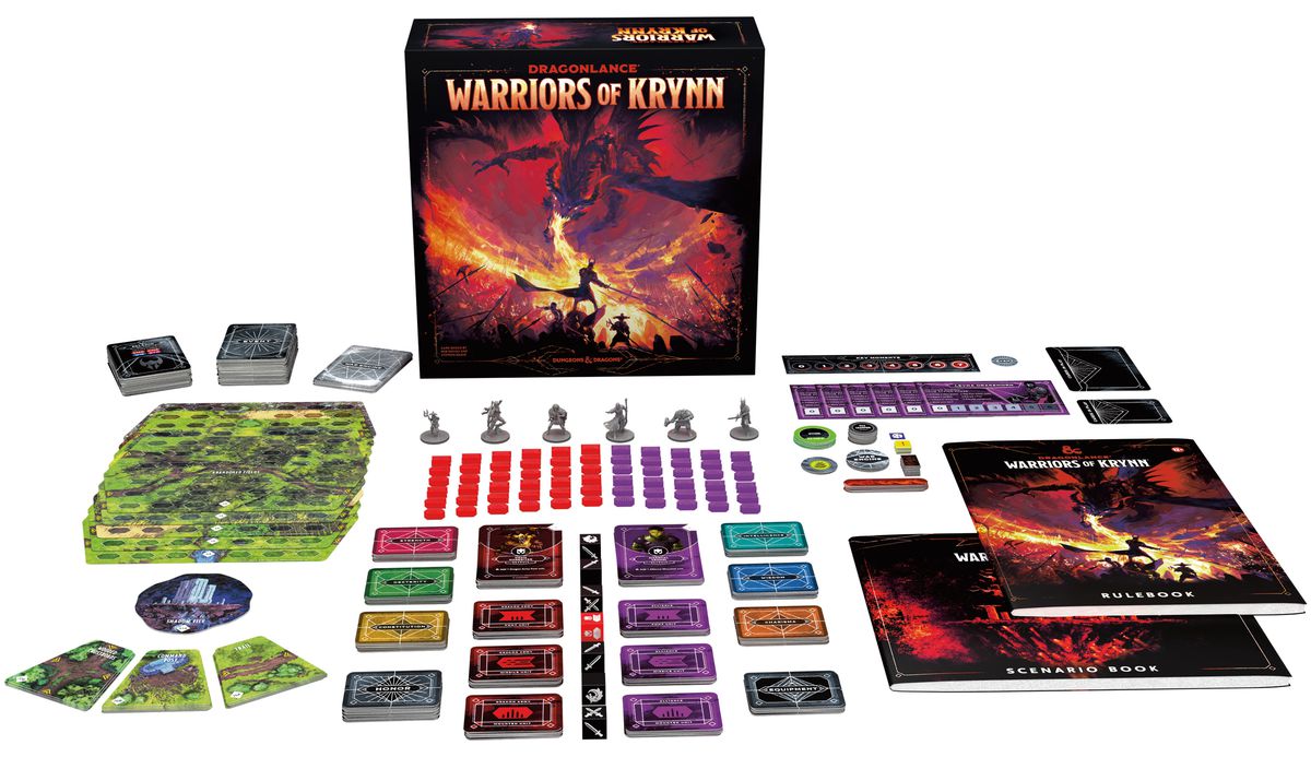 Dragonlance: Warriors of Krynn y todos sus componentes dispuestos sobre la mesa.  Hay mosaicos de terreno grandes, mosaicos conectivos más pequeños con caminos y bosques, y una serie de miniaturas, incluidos héroes.  También se exhiben muchas tarjetas y libros de colores.