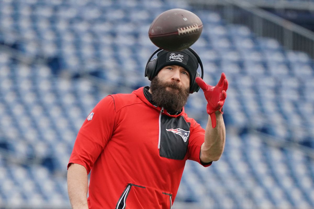 New England Patriots wide receiver Julian Edelman warms up before the start of the game against the Buffalo Bills in the first quarter at Gillette Stadium.