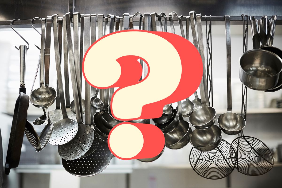 A question mark over a photo of hanging kitchen utensils 
