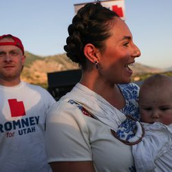 Nadia Cates, with her son, Mateo, 6 months, attends Mitt Romney's primary election night victory part in Orem on Tuesday, June 26, 2018. Romney beat state Rep. Mike Kennedy, R-Alpine, in the U.S. Senate race.