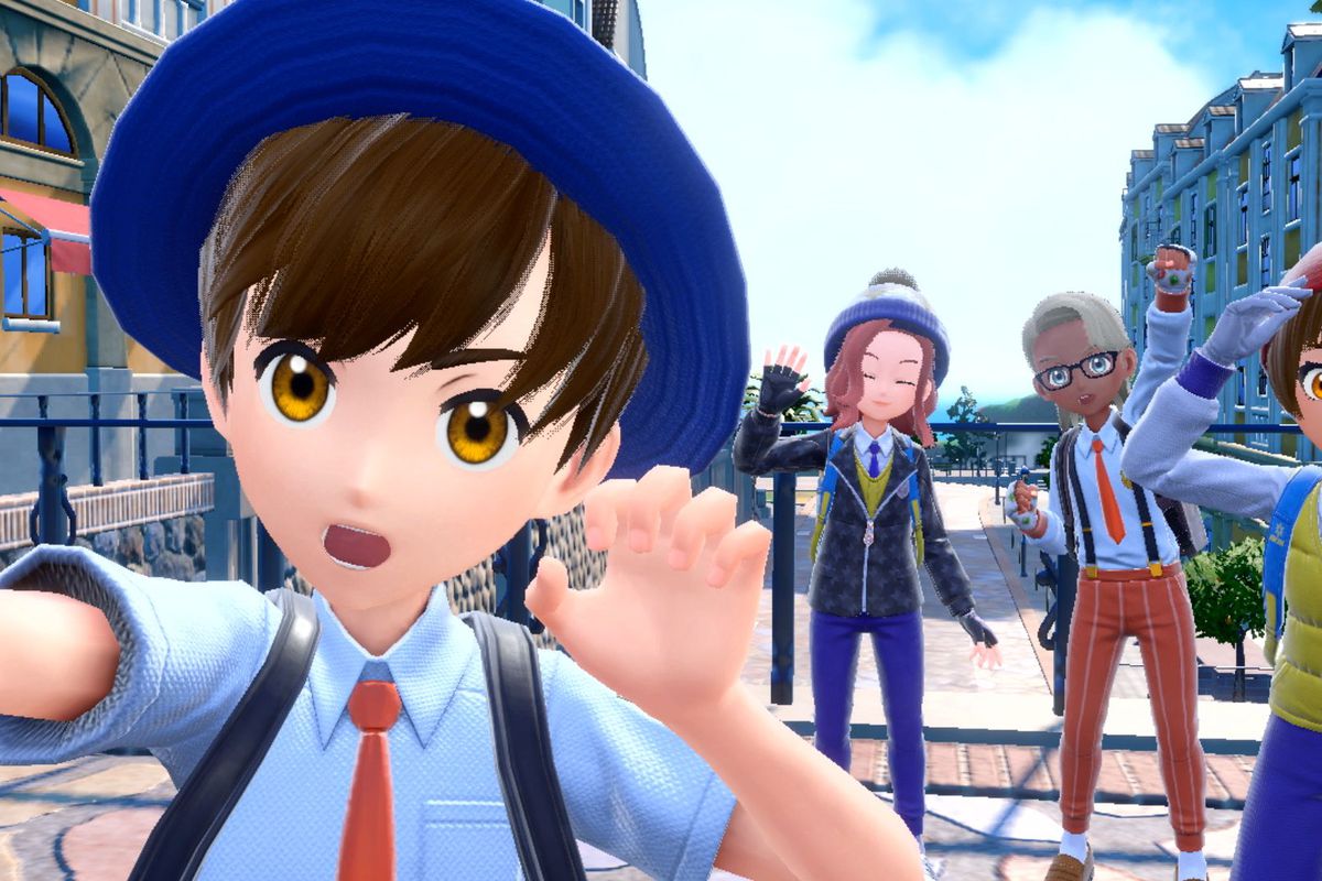 An image of four Pokémon trainers in Scarlet and Violet taking a selfie in a town. They are all wearing variations of the same school uniform. One wears a sport jacket with a tie, another wears shorts with a puffer vest and tie for some reason. None of the outfits look particularly cute.