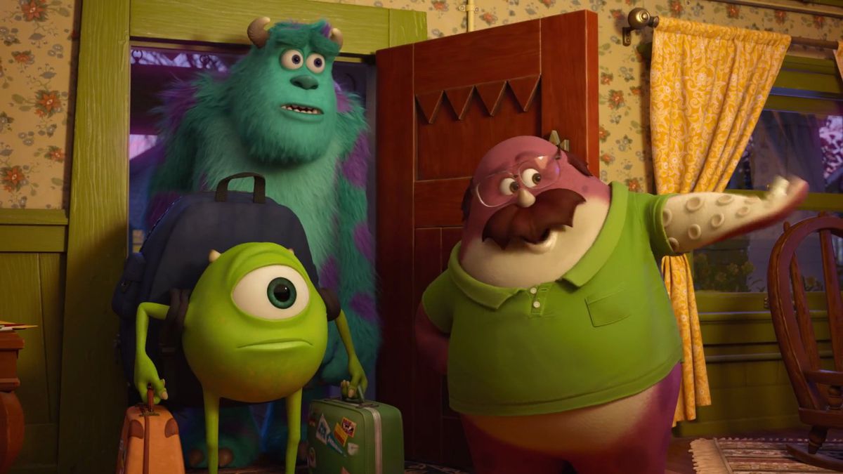 a middle-aged monster welcomes two college-aged monsters — one furry and blue, one small and green — to a fraternity house