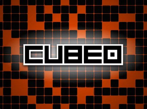 Cover art for Cubeo, with stereoscopic text and black squares on an orange background.