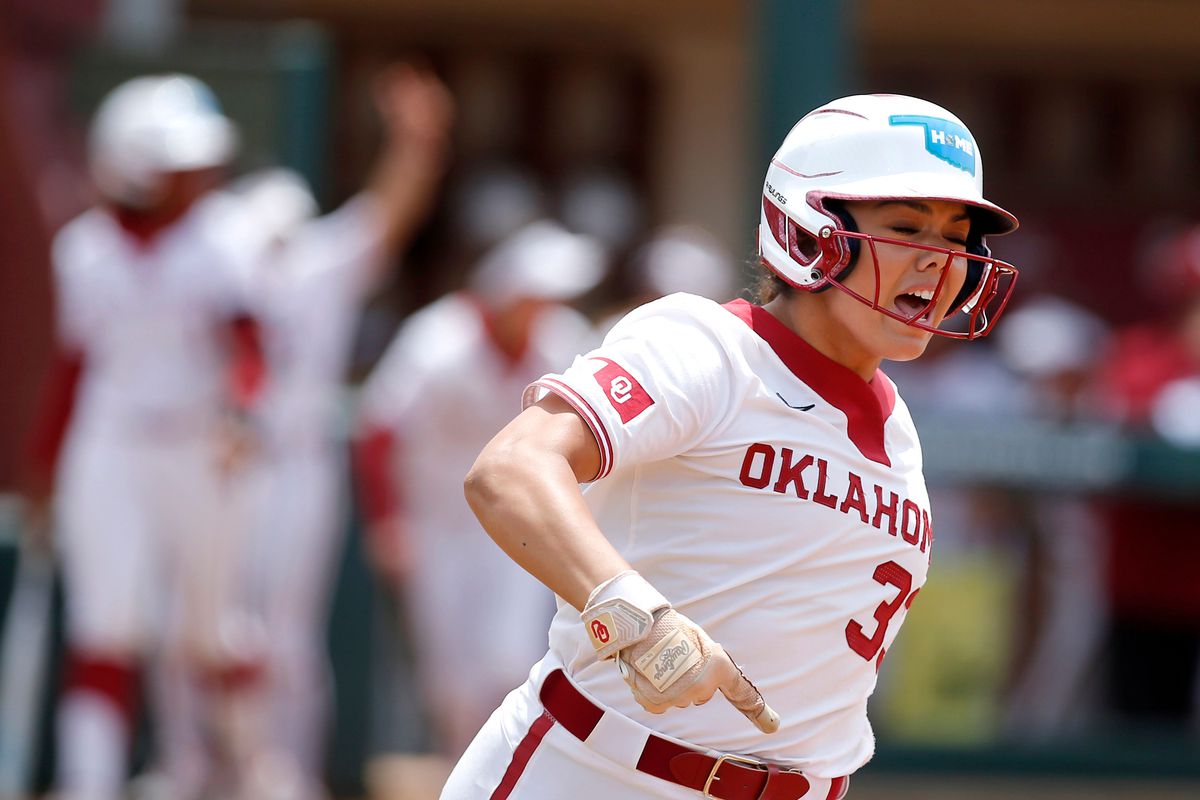 Oklahoma’s Alyssa Brito celebrates a home run in the third inning during a college softball game between the California Golden Bears and the University of Oklahoma Sooners at the Norman Regional of NCAA softball tournament at Marita Hynes Field in Norman, Okla., Sunday, May, 21, 2023.